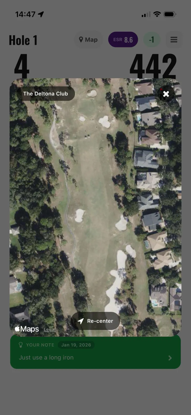 GPS course map showing satellite view with player position on the hole