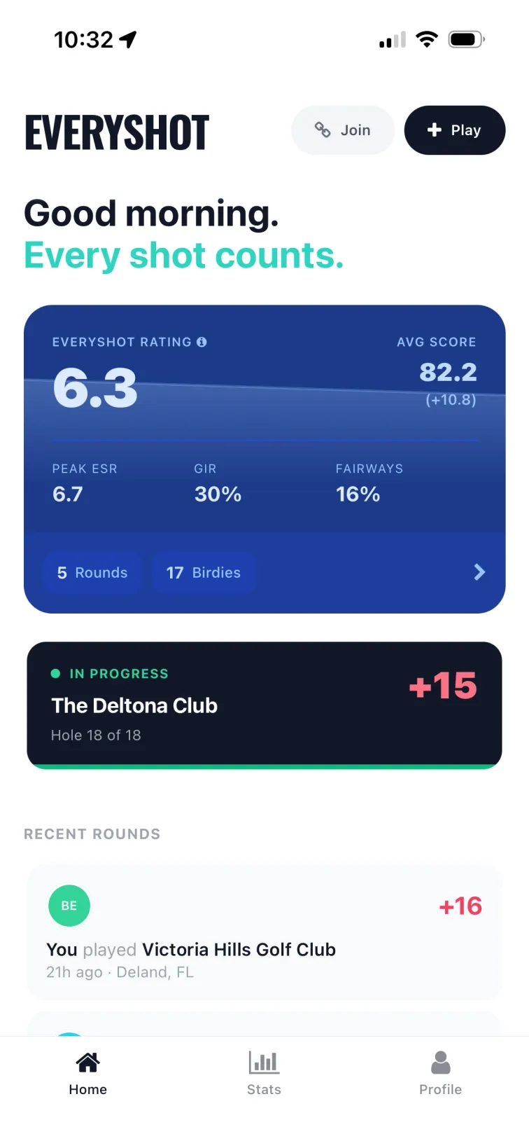 EveryShot home screen displaying dynamic golf skill rating