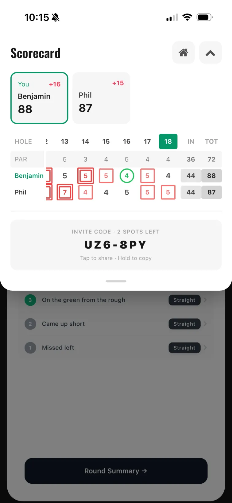 Live multiplayer golf scorecard syncing scores between players
