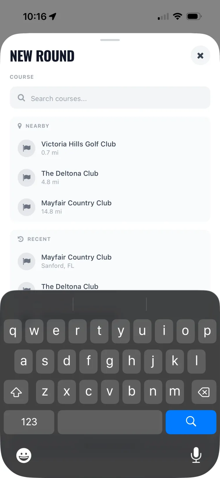 Golf course search results from a database of over 30000 courses